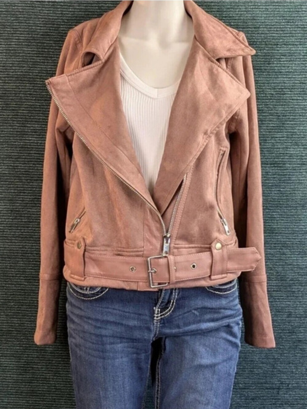 Mauve Faux Suede Moto Jacket, Haute Monde
